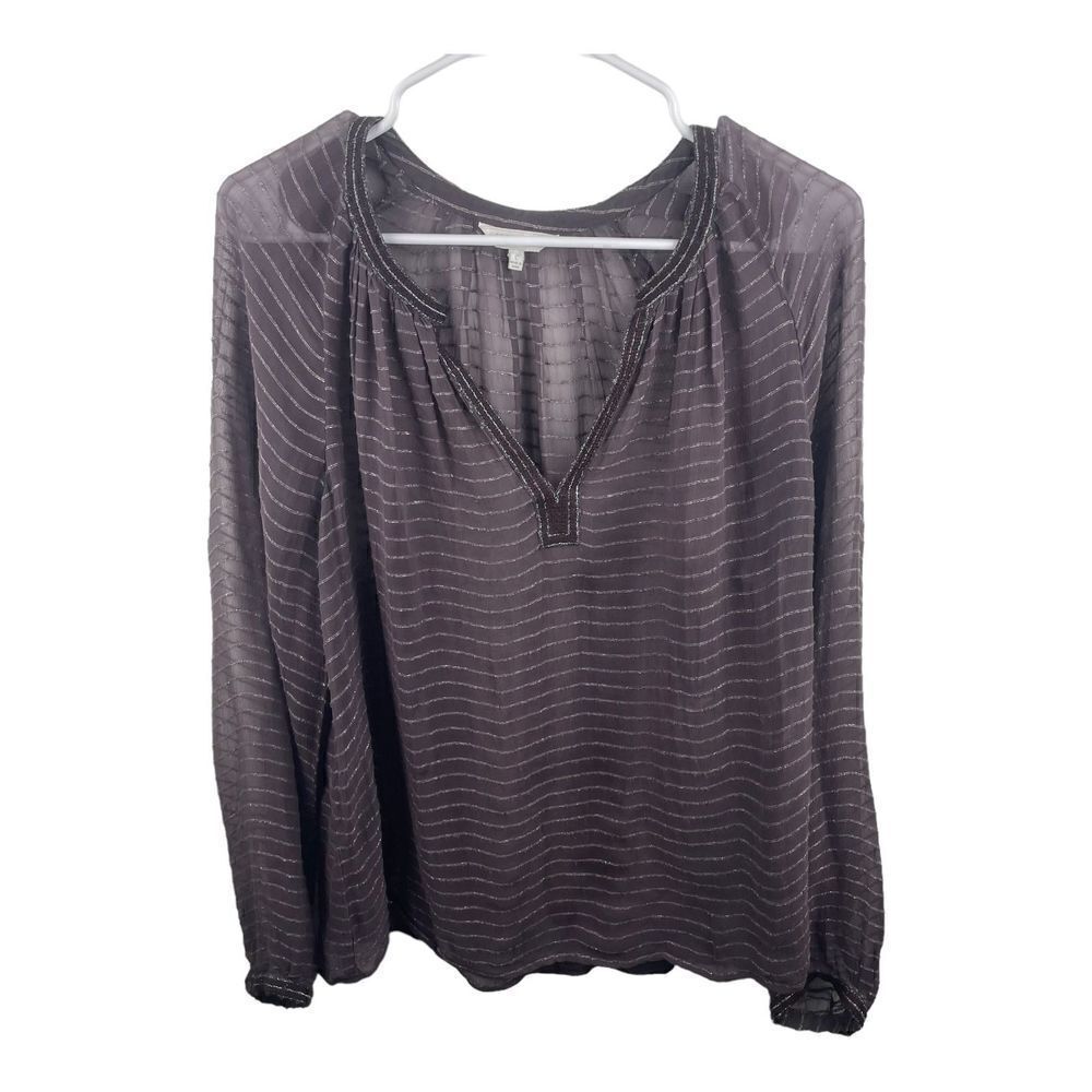 Lucky Brand Boho Brown Sparkly Metallic Beaded Semi Sheer Blouse Size L